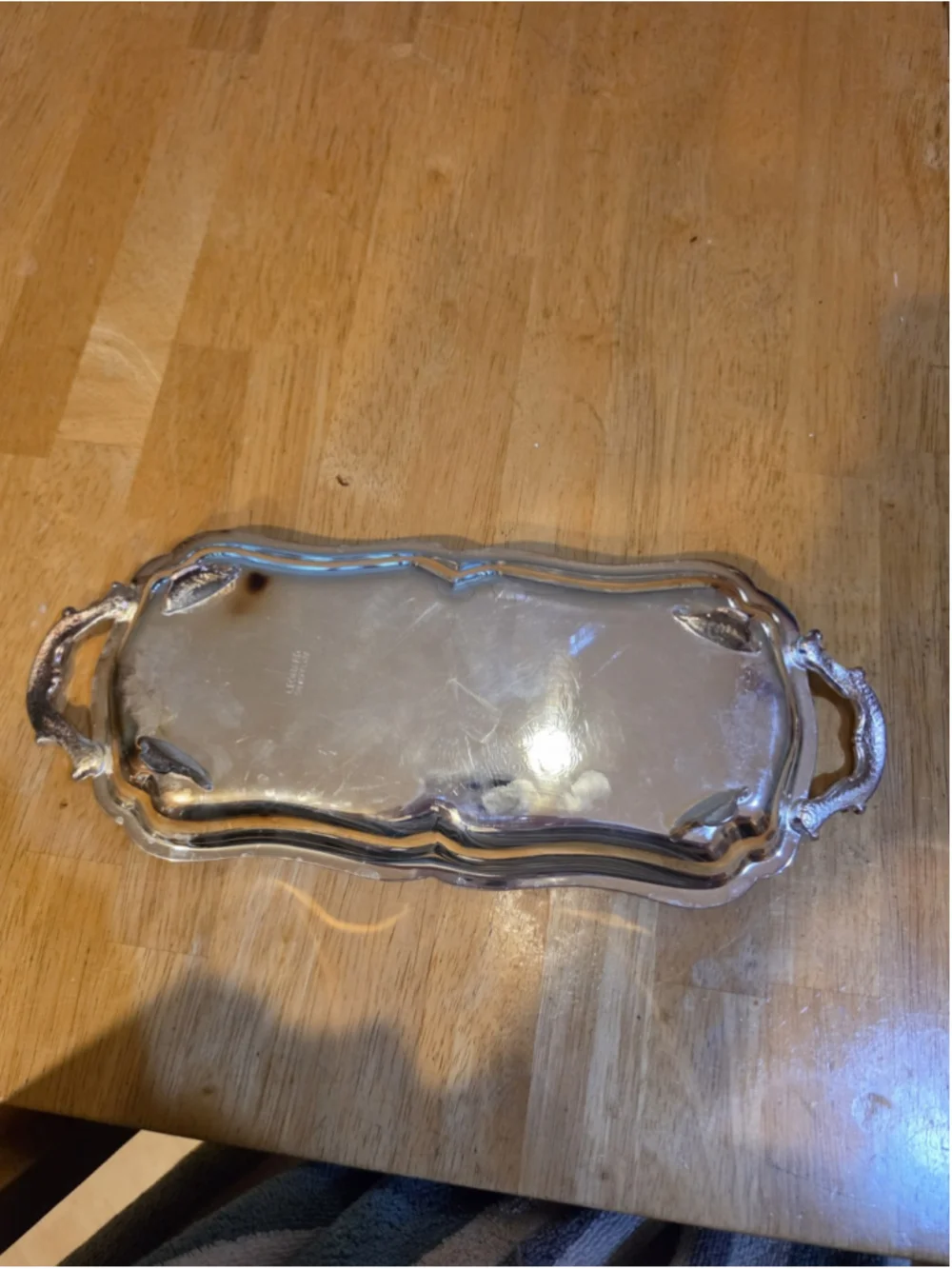 Vintage Leonard Silverplate Handled Butler Tray, Ornate Etched Scalloped Platter